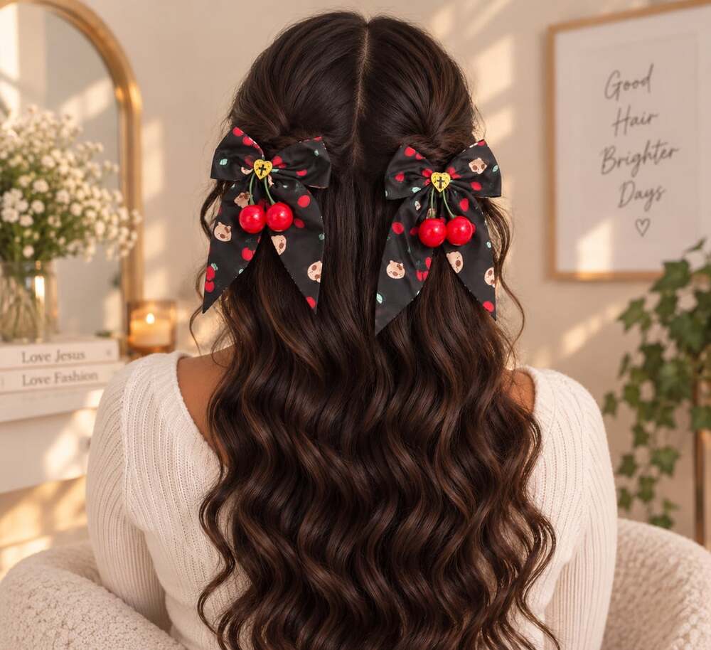 Cherry Coquette Hair Bows Set of 2 Black Red Statement Bow Cross Charm